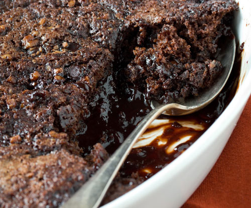 Old-Fashioned Chocolate Cobbler: A thick layer of brown sugar and cocoa over a chocolate batter, topped with very hot water -- means it bakes up to form a crispy, biscuit-like topping that swaddles a running, molten chocolaty sea 
