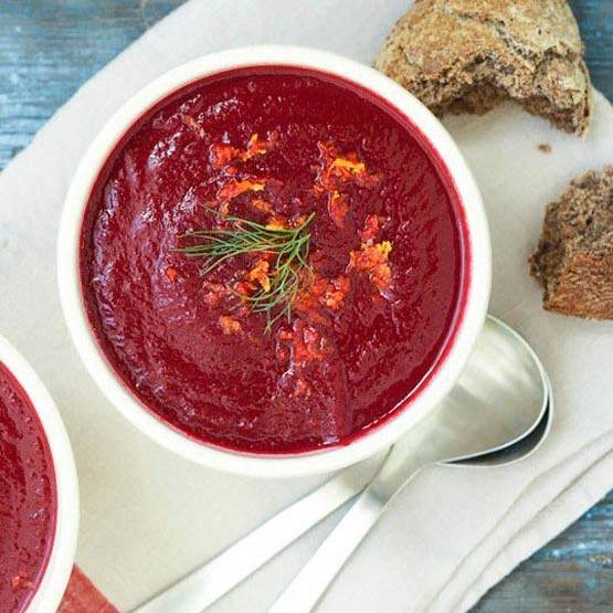 Full of lively flavor and color, ROASTED BEET SOUP WITH FENNEL AND ORANGE is an easy to make starter or light meal --- gorgeous and almost creamy (yet vegan)
