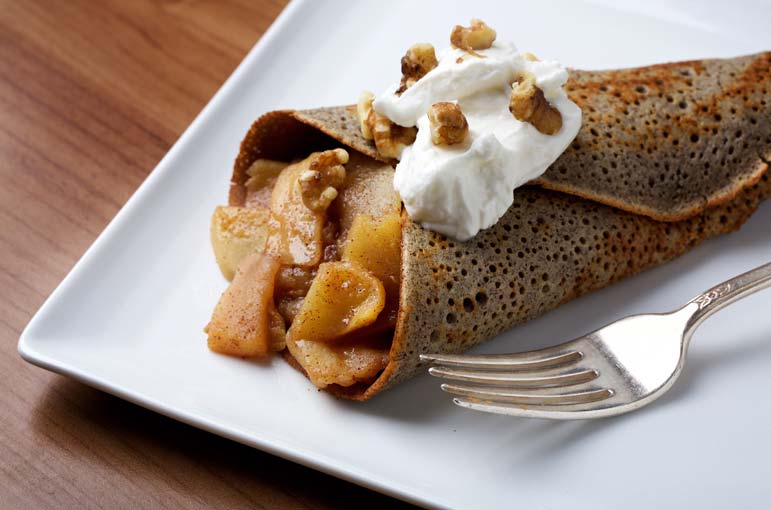 These blender crepes have a deeply nutty flavor, sassy Goth sensibility along with luscious, caramelized apple filling. They also offer a wealth of protein, fiber, minerals and antioxidants
 
  
  