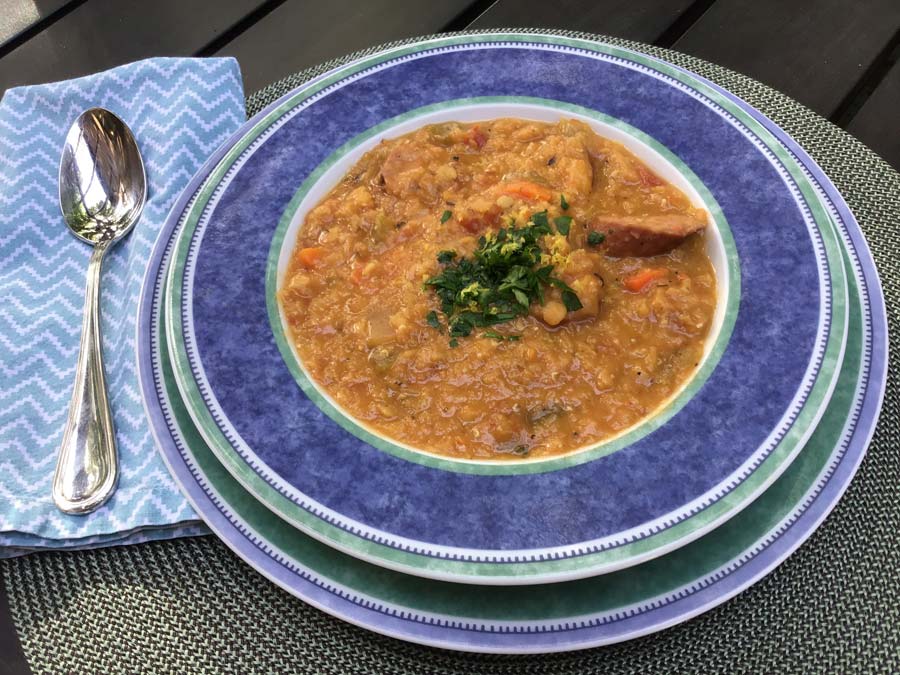  Lentil Soup with Smoked Turkey Sausage and Gremolata Topping is heaven in a bowl