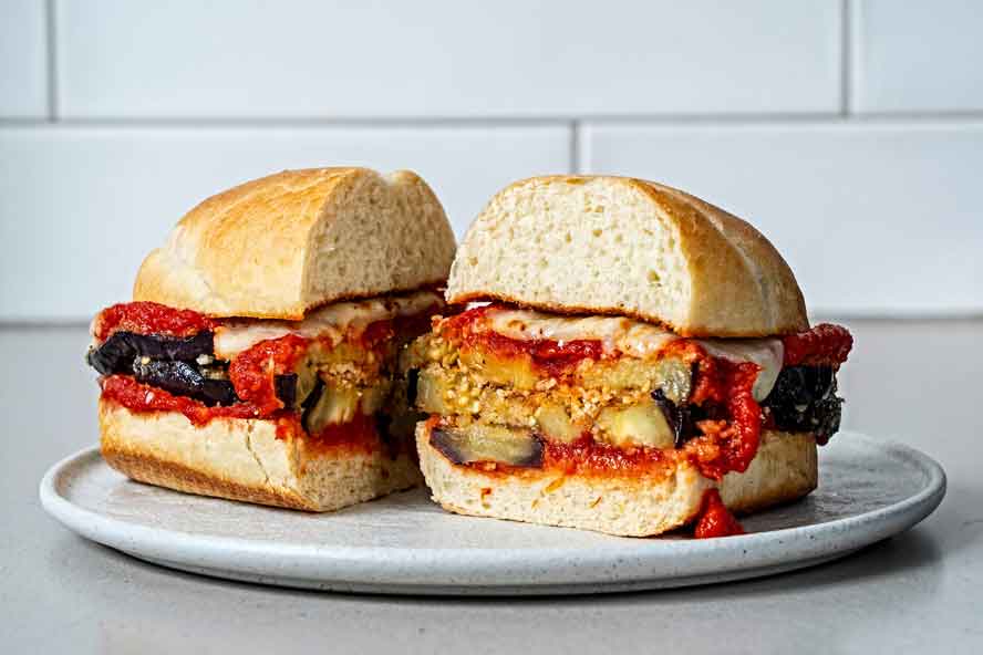 No-fry eggplant parm sandwiches are cheesy, saucy --- and silken perfection
	