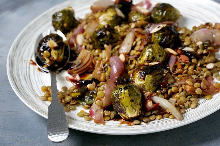 Caramelized,  sweet-and-sour Brussels Sprouts with Lentil Salad  is warm, hearty --- and  perfect cool weather comfort
 
  
  